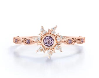 Rapunzel Wedding Ring- 18k Rose Gold Vermeil Rapunzel Princess Magic Sunflower Engagement Ring- Amethyst fairy ring bridal jewelry Gift