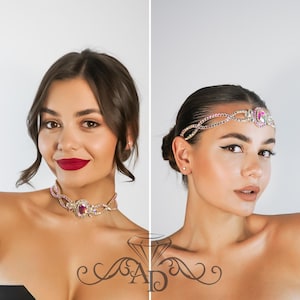 Puede incluir: Imagen de dos paneles que muestra joyas. El panel izquierdo presenta un collar gargantilla con cristales rosas y transparentes y una piedra central de color rubí. El panel derecho muestra una diadema a juego. Ambas piezas son ornamentadas y elegantes.