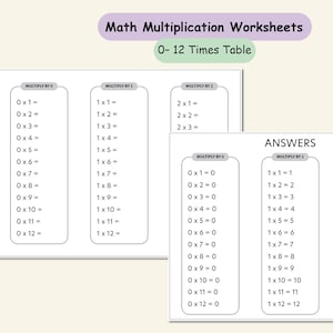 Multiplikations-Arbeitsblätter, Zahlen 0 - 12 zum Ausdrucken, Einmalige Zahlen und Antwortblätter, Matheübung Für Schüler der 1., 2., 3. und 4. Klasse.