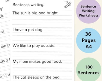 180 Sentence Writing Worksheets Printable | 36 Pages of Write the Sentence Practice for 1st-3rd Grade ELA| Homeschool and Classroom Use