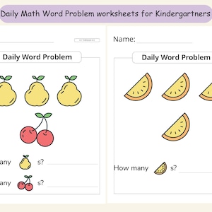 Könnte beinhalten: Ein druckbares Arbeitsblatt für Kindergartenkinder mit zwei Mathe-Wortproblemen. Das erste Problem zeigt drei gelbe Birnen und zwei rote Kirschen. Das zweite Problem zeigt vier gelbe Zitronenscheiben. Das Arbeitsblatt fragt "Wie viele...s?" für jedes Problem.