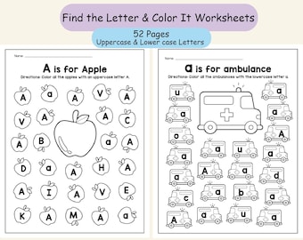 Letter Recognition Worksheets - Find the Letter and Color It, Preschool & Kindergarten Printable Alphabet Activities, Homeschool Learning