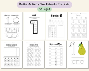 72-Pages Preschool & Kindergarten Math Activity Pack: Counting, Tracing numbers, Addition, and More
