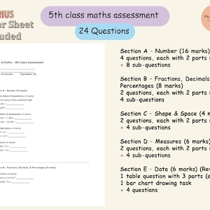 Könnte beinhalten: Ein Mathe-Test für die 5. Klasse mit dem Titel "5th class maths assessment" und der Aufschrift "24 Fragen". Der Test umfasst Abschnitte zu Zahlen, Brüchen, Geometrie, Raum und Daten.