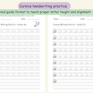 Cursive Writing Practice Sheets A-Z, Uppercase & Lowercase Letters, Cursive learning, Cursive tracing lined pages, Elementary, Homeschool