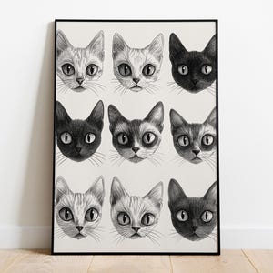 Katzenköpfe drucken, Retro-Wand-Dekor, Bleistiftzeichnung, handgezeichnet, schwarz-weißes Poster, Boho-Wandkunst, Illustration druckbar, digital