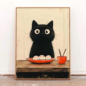 Impressão de ilustração de gato japonês, comida de trocadilhos cozidos no vapor, pôster de gato, arte de parede, para impressão, decoração de casa, para download, decoração de parede, download digital