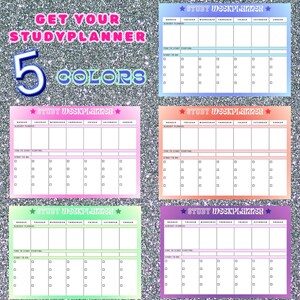 May include: Five printable study planner templates in different colours: blue, pink, orange, green, and purple. Each planner has a space for the week's schedule, time to start studying, and a to-do list.