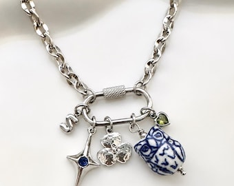 Design Your Own Silver Carabiner Necklace, Stainless Steel Cable Chain, Personalized Gift