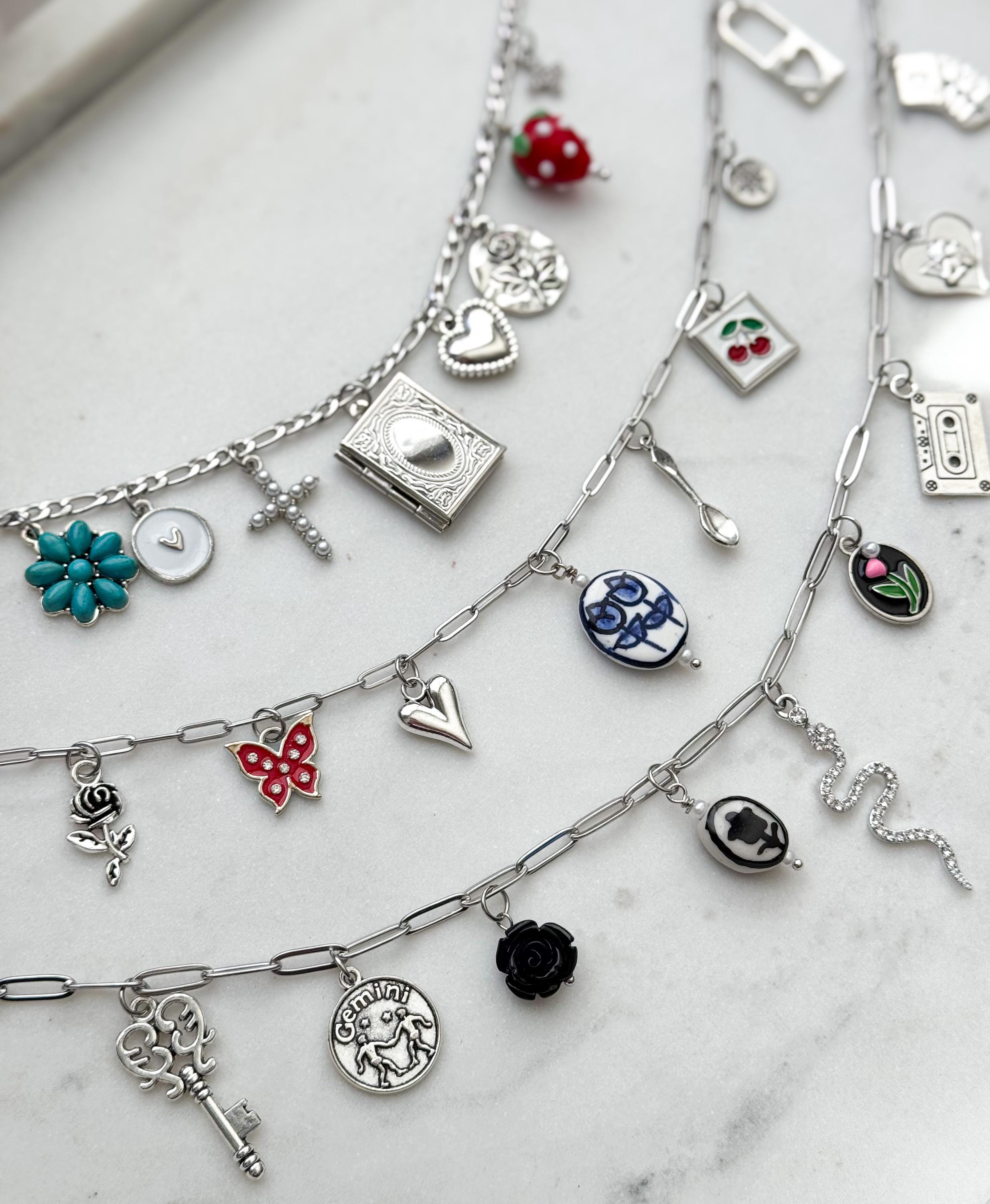 Custom Silver Charm Necklace, Design Your Own Silver Charm Necklace, Stainless Steel Chain, Trendy Charms, Personalized Gift For Her