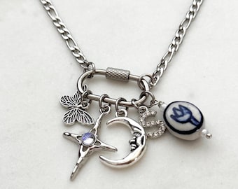 Custom Silver Carabiner Charm Necklace, Stainless Steel Figaro Chain, Multi-Charm Custom Necklace, Personalized Gift For Her, DIY Charms