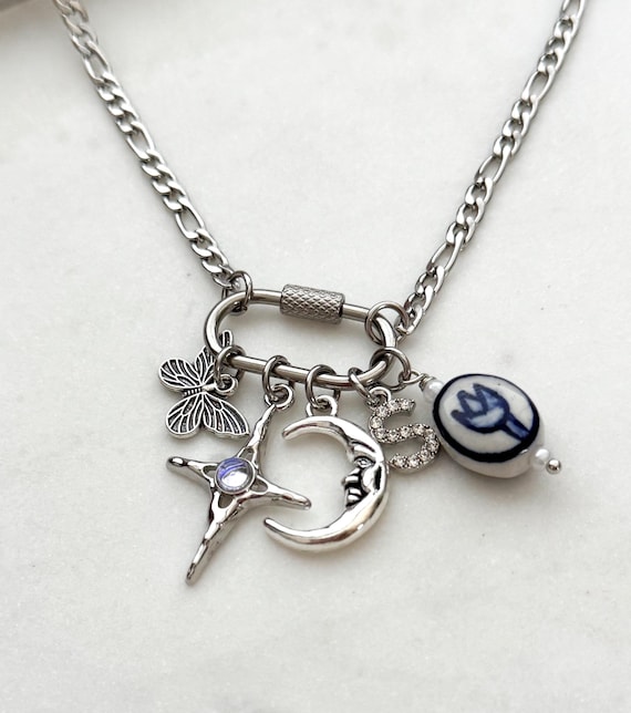 Custom Carabiner Charm Necklace, Stainless Steel Figaro Chain, Personalized Gift