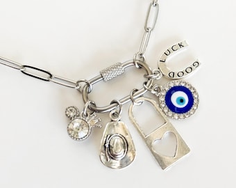 Build Your Own Silver Charm Necklace, Silver Carabiner Paperclip Chain, Multi-Charm Custom Necklace, Personalized Gift For Her, DIY Charms