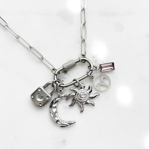 Custom Silver Carabiner Charm Necklace, Stainless Steel Carabiner Paperclip Chain, Multi-Charm Custom Necklace, Personalized Gift For Her