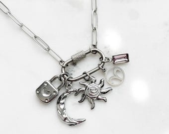 Custom Silver Carabiner Charm Necklace, Stainless Steel Carabiner Paperclip Chain, Multi-Charm Custom Necklace, Personalized Gift For Her