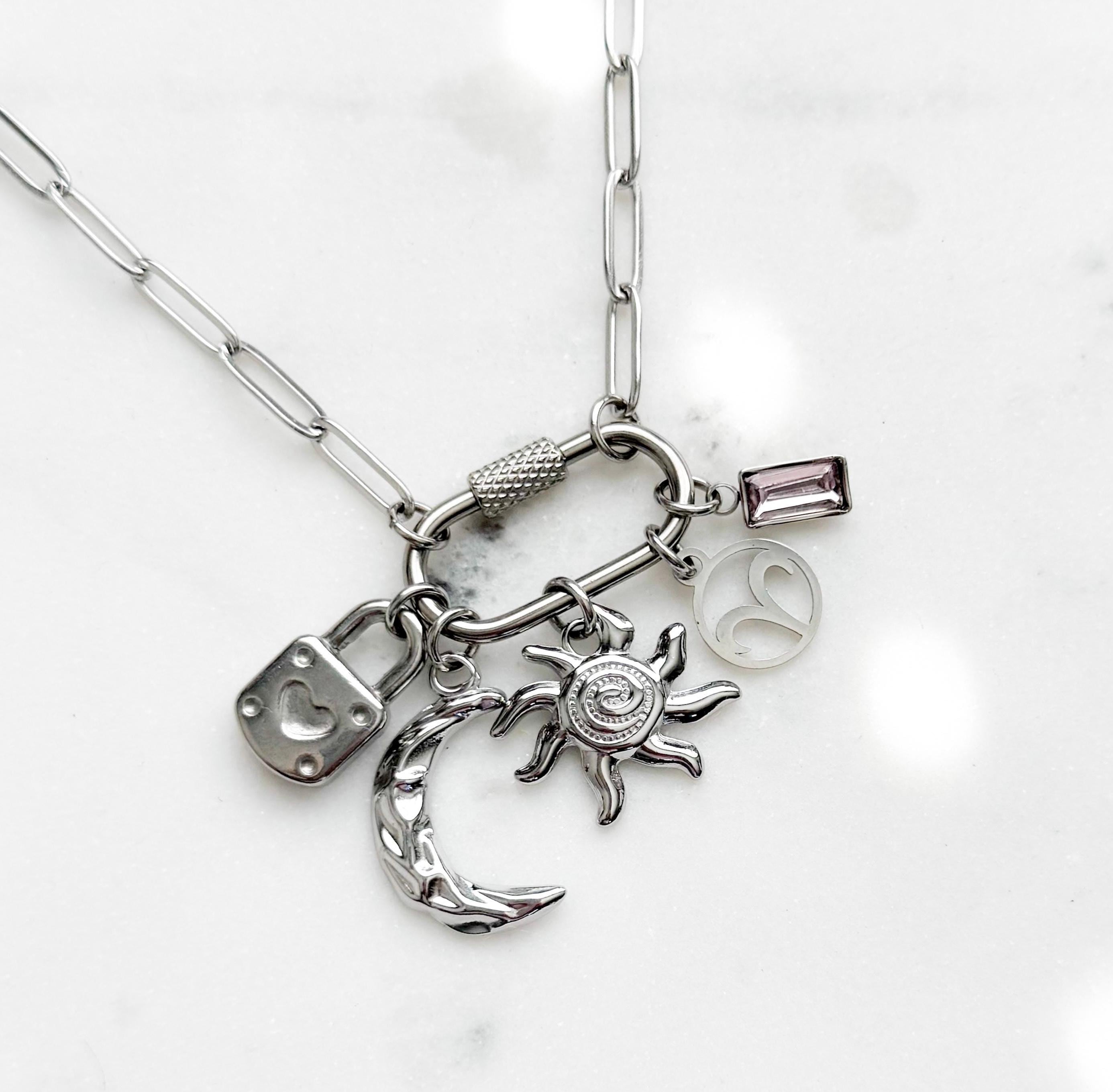 Custom Silver Carabiner Charm Necklace, Stainless Steel Carabiner Paperclip Chain, Multi-Charm Custom Necklace, Personalized Gift For Her