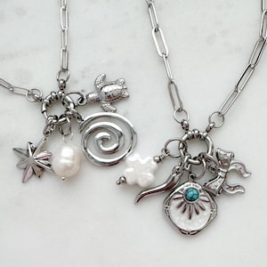Build Your Own Silver Charm Holder Necklace, Removable Charms, Stainless Steel Chain, Design Your Own Cluster Charm Keepsake Necklace