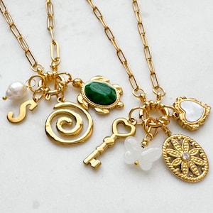 Build Your Own Gold Charm Holder Necklace, Removable Charms, 18K Gold Plated Chain, Design Your Own Cluster Charm Keepsake Necklace