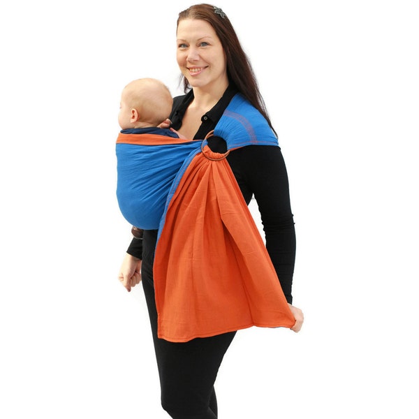 Ring Sling Baby Carrier Gauze Double-layer Two-tone Blue and Orange Pleated - Standard or Petite Length Only - Ready to Ship in Standard