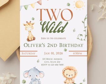 Two Wild Safari Birthday Invitation, Jungle Animals (Editable Canva Template)