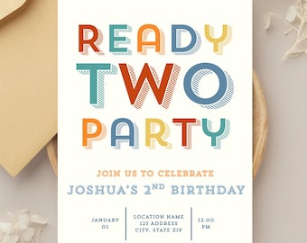 Retro 2nd Birthday Invitation, Colorful Canva Template (Digital Download)