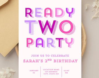 Ready Two Party Invitation, Pink Purple 2nd Birthday, Canva Template (Digital Download)