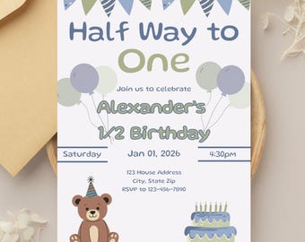 Half Birthday Invitation, 6 Month, Editable Canva Template
