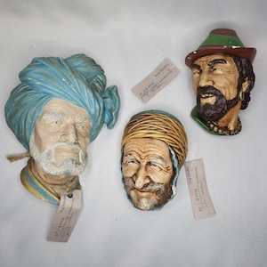Vintage 1960s Chalkware Heads by Bosson - Handpainted Wall Art