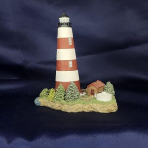May include: A miniature lighthouse figurine with red and white stripes, a black top, and small windows. The lighthouse sits on a small island with trees, a small building, and a water tank. The base is a light brown color.