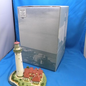 Puede incluir: Figura de faro Wind Point con una torre blanca y edificios con tejados rojos. La figura se asienta sobre una base verde con el texto "Wind Point 745". Una caja plateada con una imagen de faro está detrás.