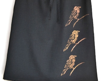 Happy, Go and Lucky Bronze Birds Black Linen Blend Aline Skirt with Side Seam Pockets