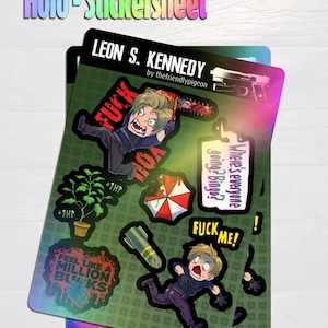 May include: Holographic sticker sheet with cartoon illustrations. Includes a character with a chainsaw, a plant, an umbrella, a bomb, and text that says "FUCK YOU", "Where's everyone going? Bingo?", and "FEEL LIKE A MILLION BUCKS".