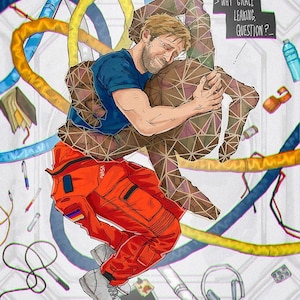 May include: An illustration depicts a man in a blue shirt embracing a figure with a geometric pattern. The man wears an orange NASA jumpsuit with a rainbow patch. The background includes colorful tubes and the text "WHY GRACE LEAKING, QUESTION?"