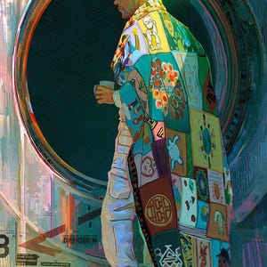 May include: An artistic illustration of a person wearing a patchwork coat with various colourful designs, holding a mug. The coat features squares with images and symbols. The background includes a circular structure and text that reads "DANGER".