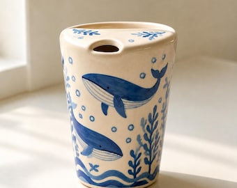Può includere: Una tazza in ceramica color crema con balene blu dipinte a mano, piante acquatiche e motivi a onde. Il contenitore presenta un design superiore unico con una piccola apertura circolare e un'apertura curva più ampia, con finitura lucida.