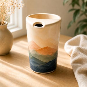May include: A cylindrical ceramic pitcher with a smooth, cream-colored finish. The exterior features a watercolor-style landscape illustration of layered mountains in shades of soft orange, muted green, and deep navy blue, with a spout.
