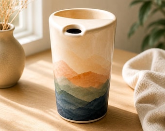 Può includere: Una brocca cilindrica in ceramica con una finitura liscia color crema. L'esterno presenta un'illustrazione paesaggistica in stile acquerello di montagne stratificate in tonalità arancione tenue, verde spento e blu navy scuro con beccuccio.