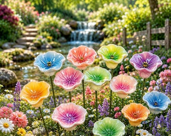 Può includere: Una collezione di fiori decorativi in ceramica per giardino in vari colori, tra cui blu, rosa, giallo, verde e viola. Ogni fiore presenta una finitura lucida con uno stame centrale ed è montato su un sottile stelo metallico da terra.