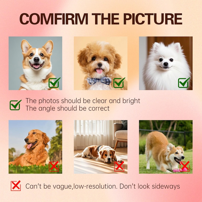 May include: An image with the text "COMFIRM THE PICTURE" and pictures of dogs. The text below the images says "The photos should be clear and bright. The angle should be correct." and "Can't be vague, low-resolution. Don't look sideways."