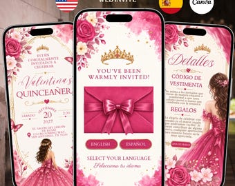 Pink Fushia Bilingual Quinceañera Digital Invitation Website Online RSVP Countdown Music (Canva Template)