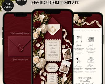 Burgundy Red Old Money Floral Digital Wedding Invitation Website: Online RSVP, Countdown (Canva Template)