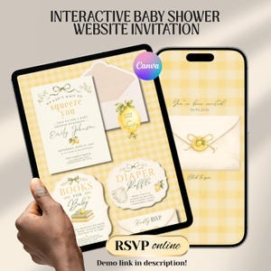 Lemon Baby Shower Website Invitation with Online RSVP, Countdown, Registry Diaper Raffle (Digital Canva Template)