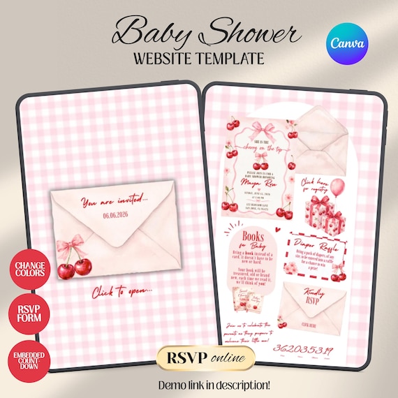 Cherry on Top Baby Shower Website Invitation with RSVP Countdown Music (Digital Canva Template)