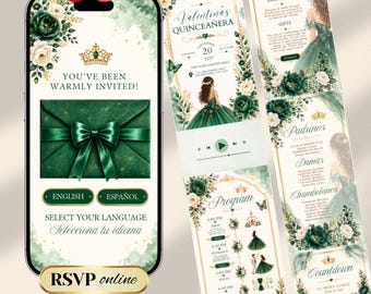 Emerald Green Bilingual Quinceañera Digital Invitation Website with RSVP Countdown Music (Canva Template)