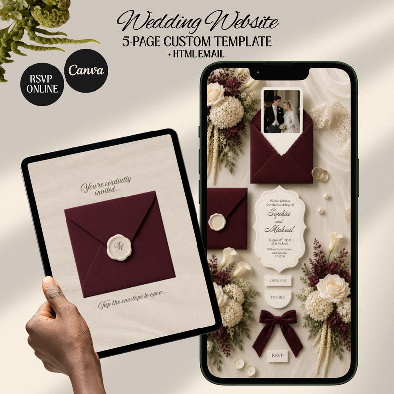 Burgundy Ivory Floral Old Money Digital Wedding Invitation Website: Online RSVP, Countdown, Digital Download Canva Template
