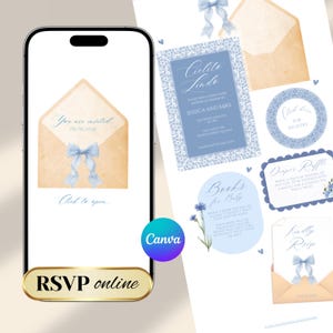 Animowane zaproszenie na baby shower w serwisie internetowym Cielito Lindo, możliwość śledzenia RSVP (cyfrowy szablon Canva)