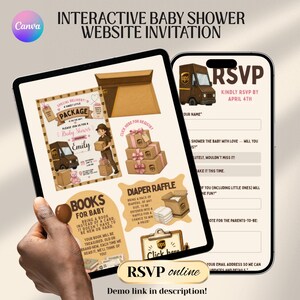 Puede incluir: Una invitaci&oacute;n interactiva para una p&aacute;gina web de baby shower que se muestra en una tableta y un tel&eacute;fono inteligente. El dise&ntilde;o presenta un tema de UPS con ilustraciones de paquetes, un cami&oacute;n UPS y texto que dice "RSVP" y "Books for Baby".