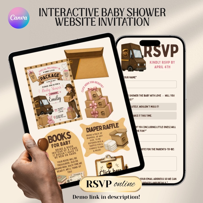 Puede incluir: Una invitaci&oacute;n interactiva para una p&aacute;gina web de baby shower que se muestra en una tableta y un tel&eacute;fono inteligente. El dise&ntilde;o presenta un tema de UPS con ilustraciones de paquetes, un cami&oacute;n UPS y texto que dice "RSVP" y "Books for Baby".