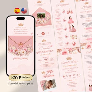 Puede incluir: Un smartphone muestra una invitación digital de Quinceañera en tonos rosa y dorado, con ilustraciones florales, un icono de corona y texto en inglés y español. La pantalla presenta un gráfico de sobre, detalles del evento y un temporizador.