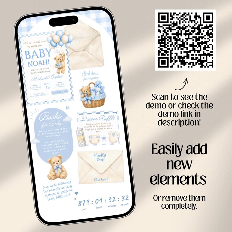 We Can Bearly Wait Baby Shower Website Invitation Template with Trackable RSVP & Countdown | Teddy Bear  (Digital Download)